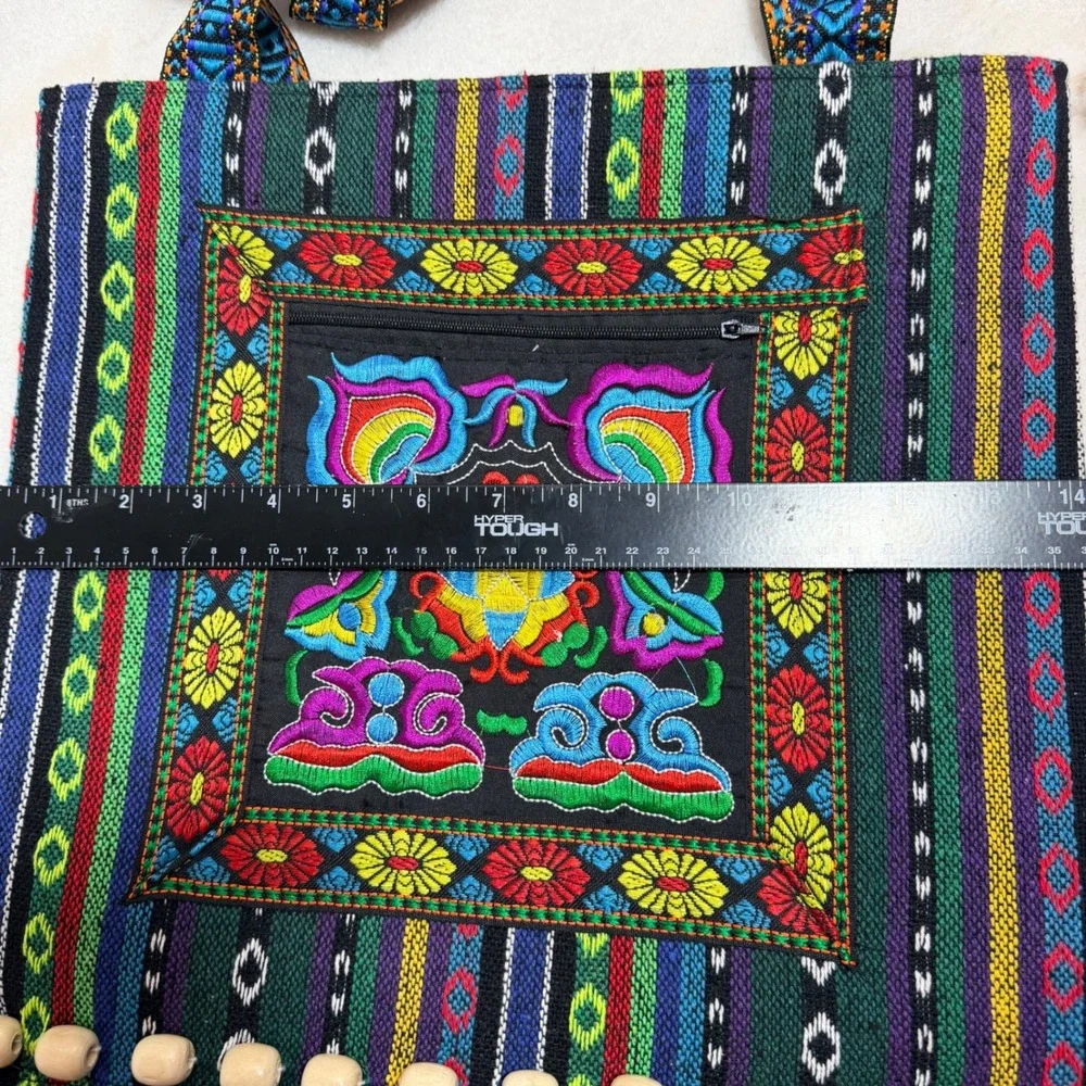 Boho Embroidered Woven Tote Bag Multi-Color‎ Striped Fringe Wooden Beads Artisan